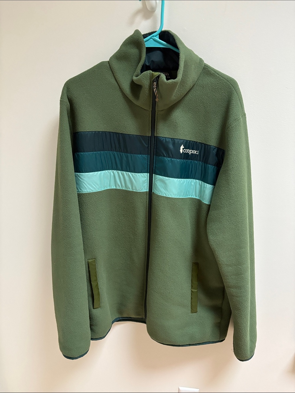 cotopaxi Olive Green Fleece Jacket with Teal and Mint Stripes